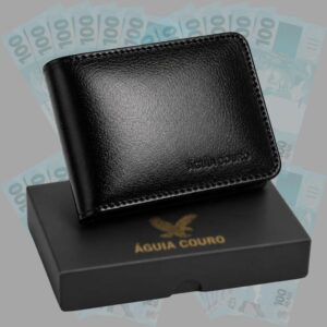Carteira Masculina de Couro Legítimo Águia, Preta com Porta Moedas e 7 Cartões