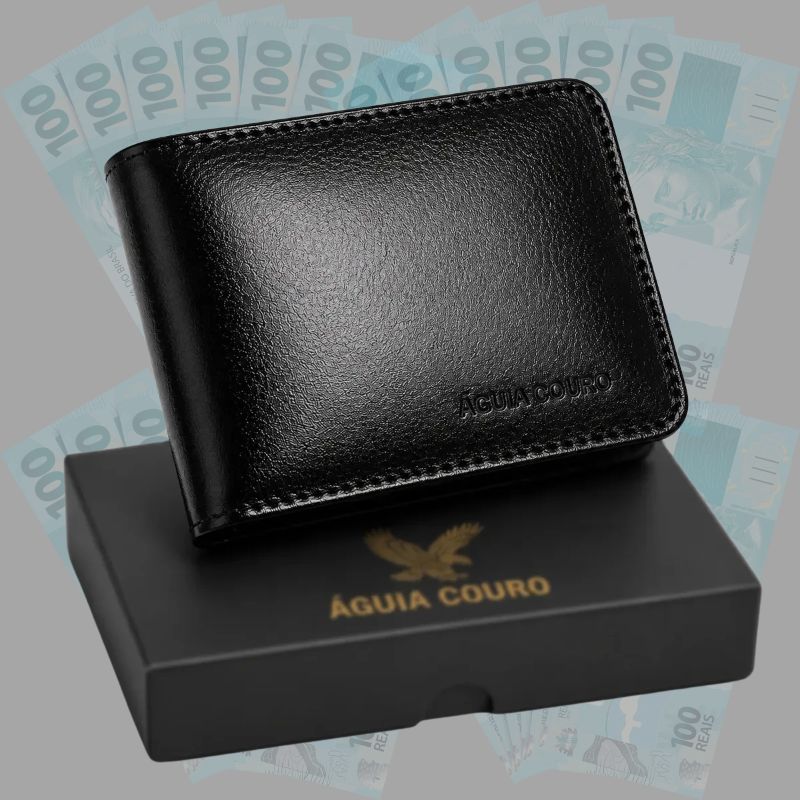 Carteira Masculina de Couro Legítimo Águia, Preta com Porta Moedas e 7 Cartões