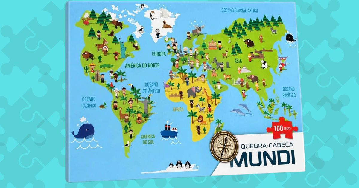 Quebra Cabeça Mapa Mundi Infantil Educativo - Jogo Geográfico em Madeira MDF